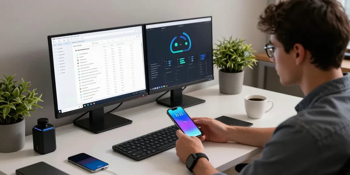 使用爱思下载管理苹果设备的专业工作环境，年轻专业人士连接iPhone与电脑，现代办公桌旁的双屏显示器展示数据管理软件。