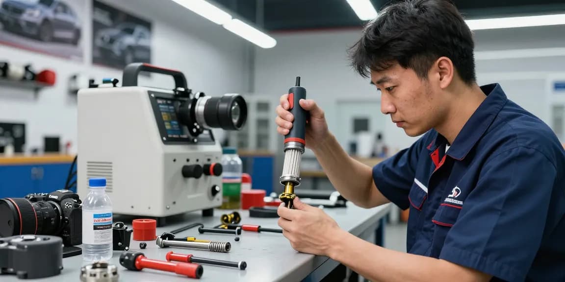 DPF Reinigung Hannover in einer Autowerkstatt mit einem Techniker, der einen Dieselpartikelfilter untersucht.