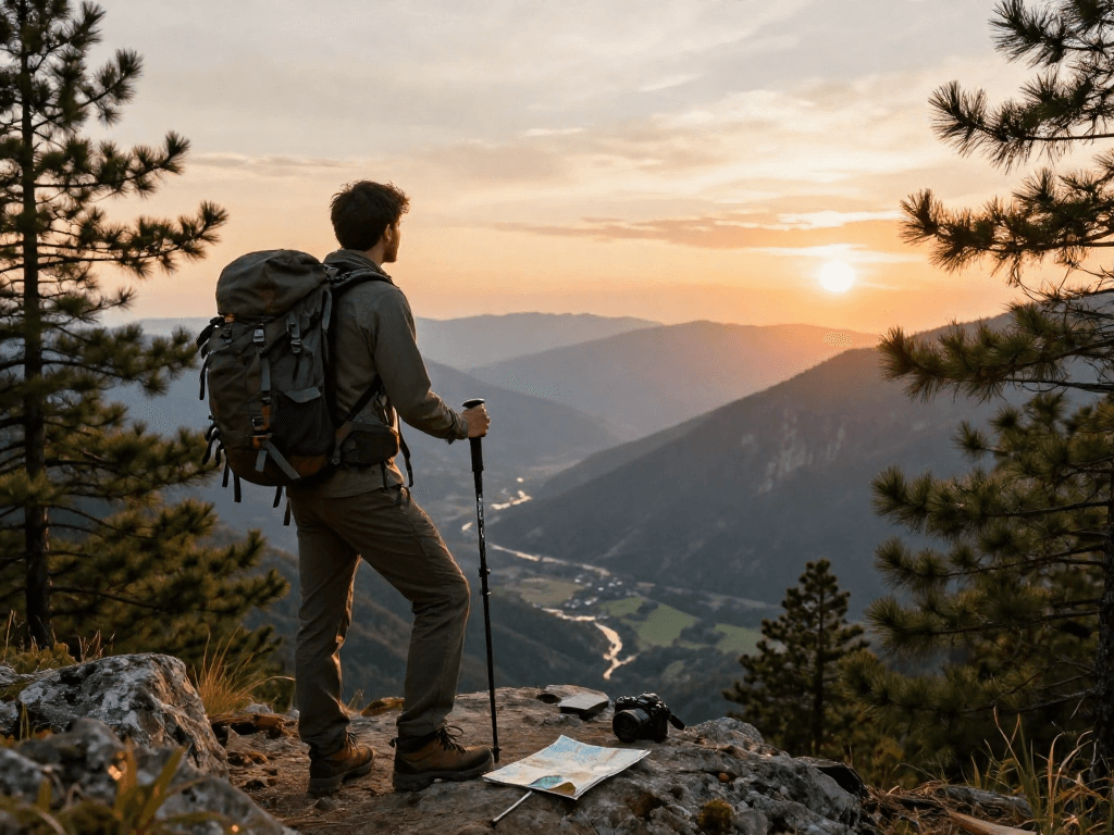 Traveler di ngarai gunung dengan pemandangan indah sambil memegang peta, menikmati keindahan alam kangbet.
