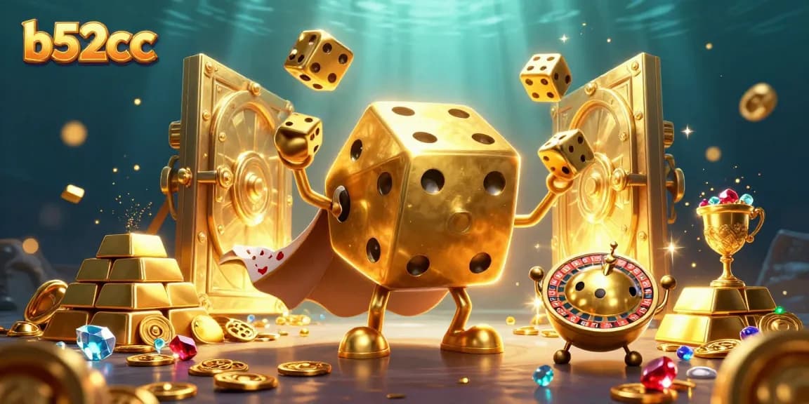 Play exciting games at b52cc with a dynamic golden dice golem and vibrant casino elements.