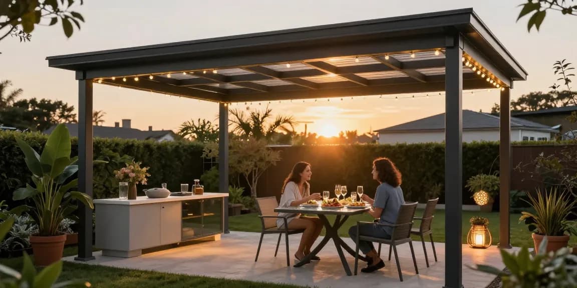 Freistehende Terrassenüberdachung mit gemütlichem Essbereich und Pflanzen im Garten