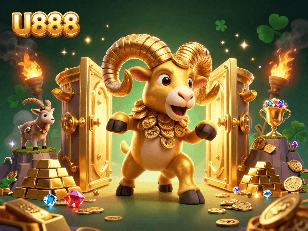 Experience U888 thrills with a dynamic scene of golden ram and treasure vaults in a captivating casino environment