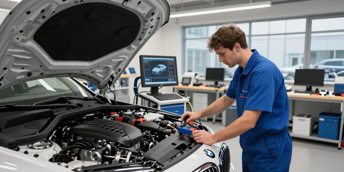 Expertentechniker, der BMW Service Hannover in einer hochmodernen Autowerkstatt anbietet.