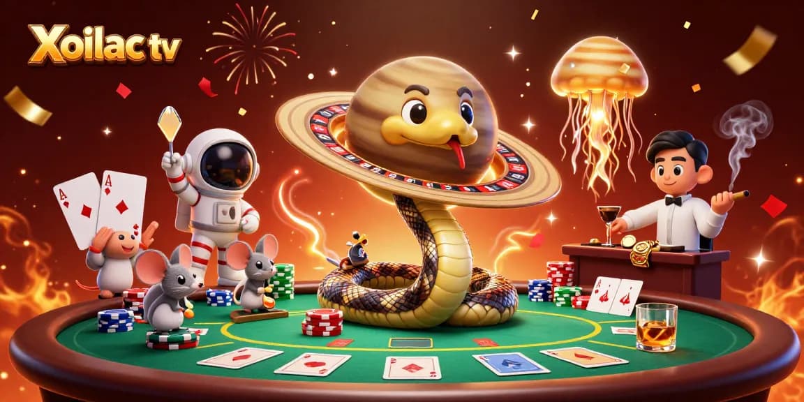 Xoilac tv showcases a vibrant 3D scene with a cosmic dealer and betting mice in a colorful casino atmosphere.