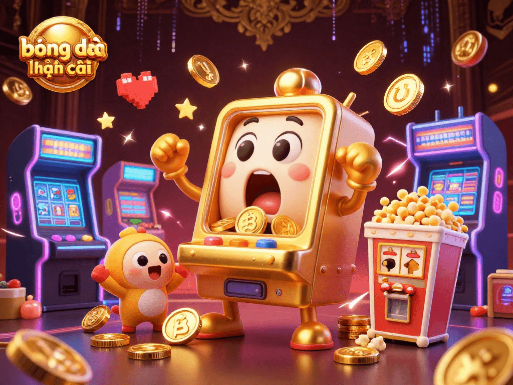 Bóng đá kèo nhà cái celebrates wins with a slot machine hitting a jackpot amidst vibrant gaming elements.