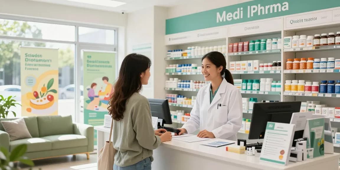 Kundeninteraktion im Medi Pharma Shop mit Apotheker und Wellnessprodukten.