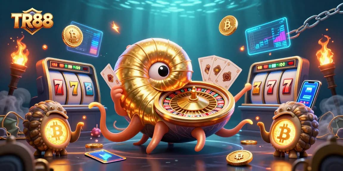 Immerse in TR88's vibrant casino world, featuring the giant nautilus roulette and glowing crypto elements.