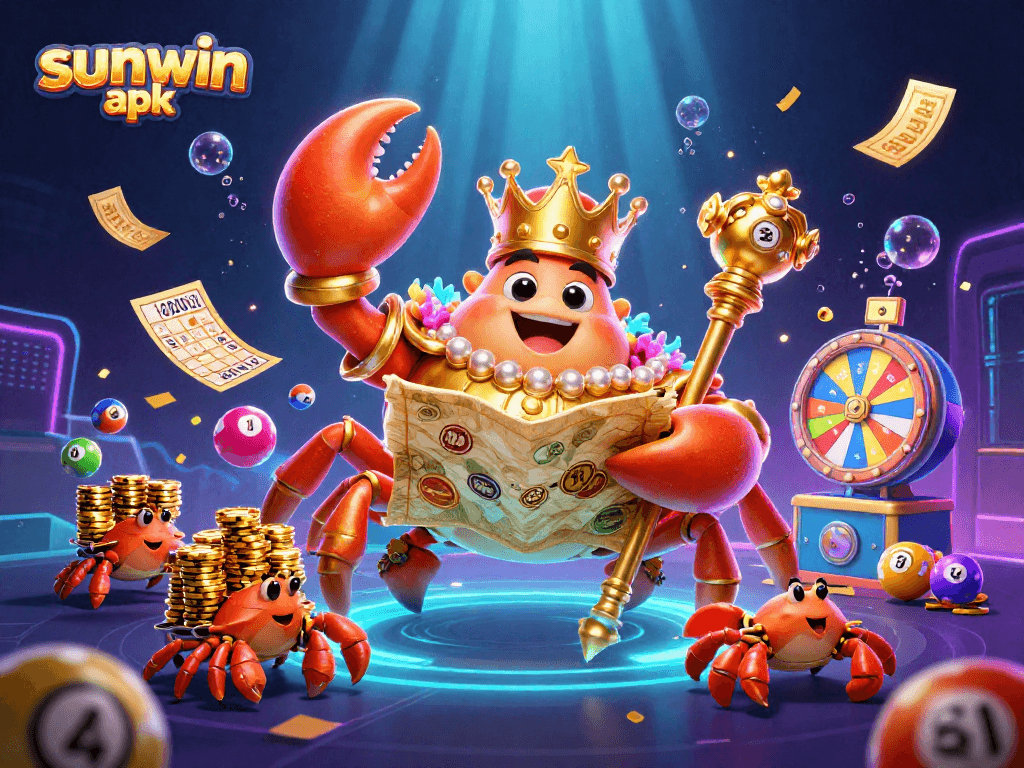 Experience the thrilling sunwin apk with vibrant lottery elements and golden crab characters.