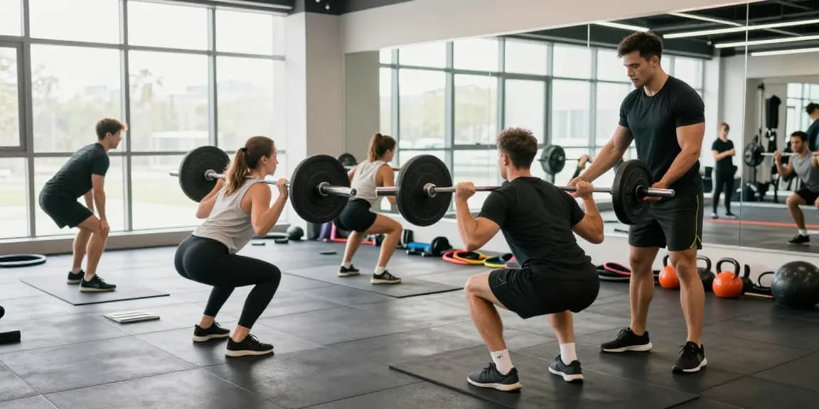Aktive Trainingsszene im Selliza Shop Fitnessstudio mit engagierten Sportlern beim Gewichtheben und Personal Training