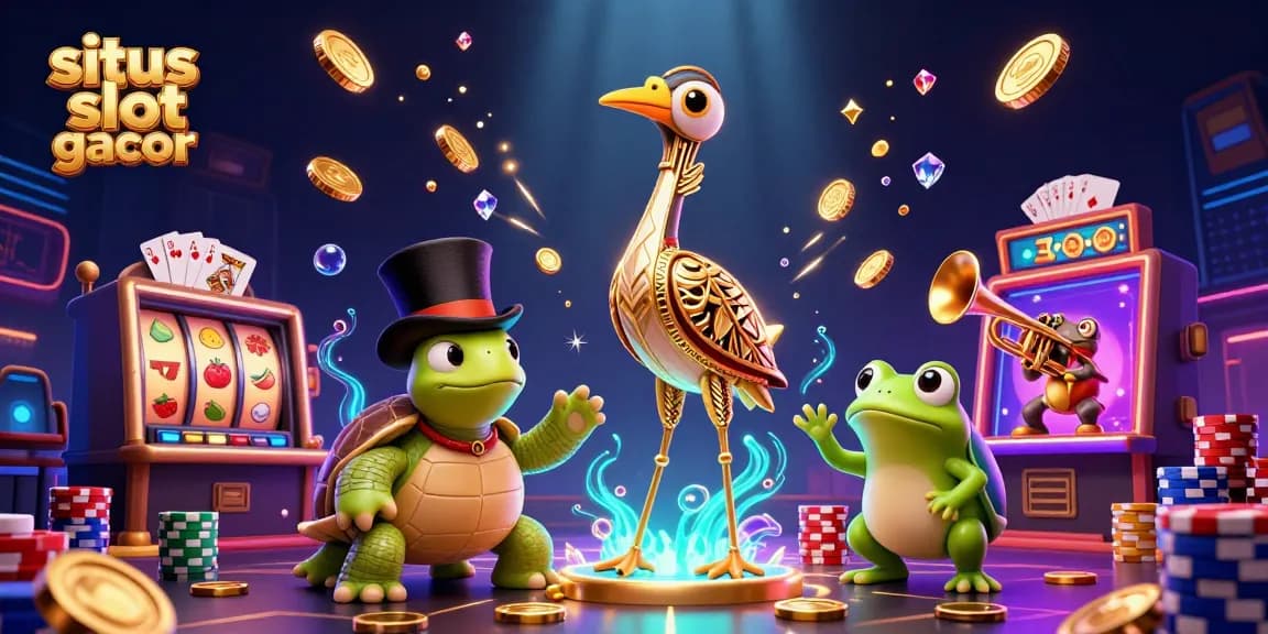 Engage with situs slot gacor as a 3D art deco scene shows winning slot machine reels, vibrant casino elements, and colorful tokens.