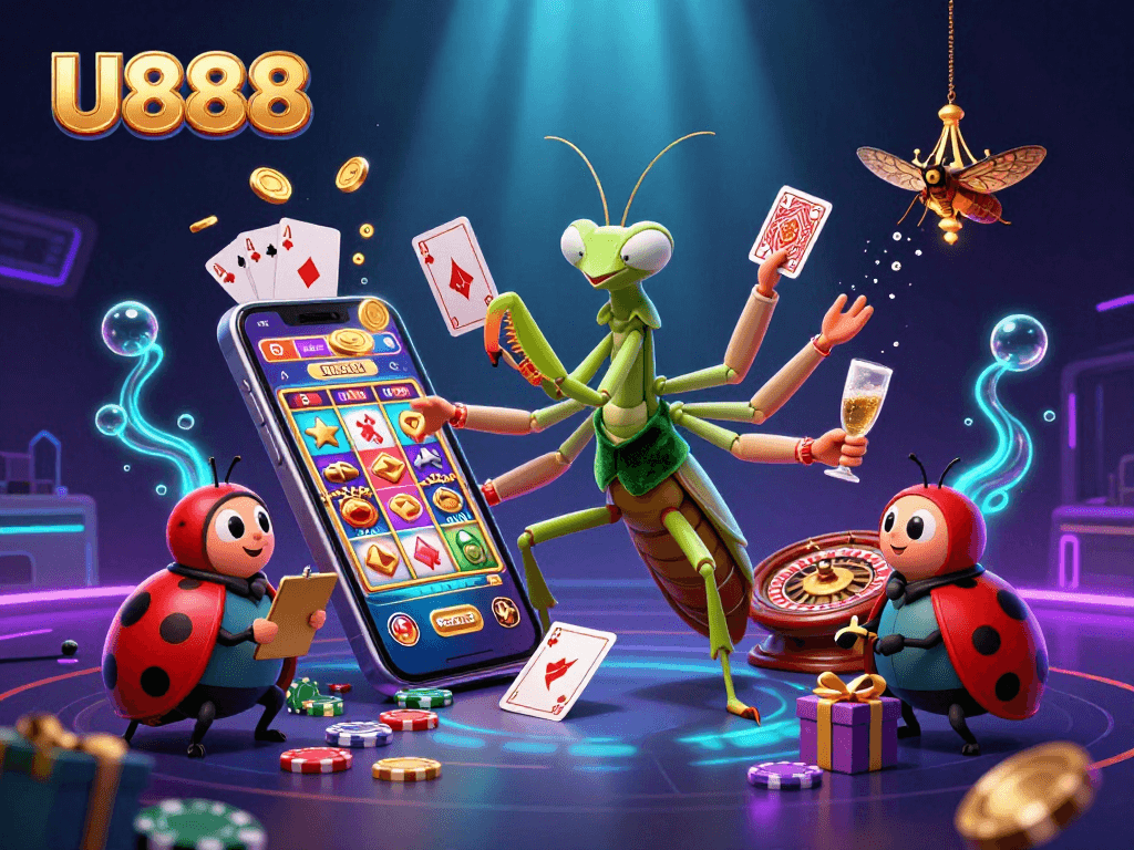 Engage with U888 as the giant mantis card sharp deals cards in a vibrant casino scene.