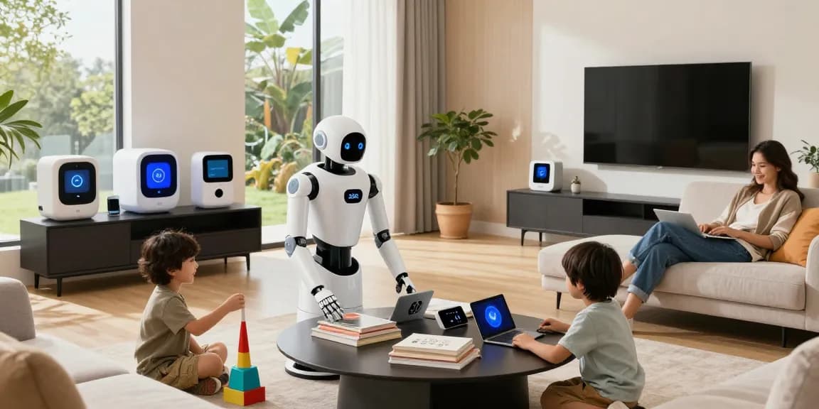 Home robot 2026 assisting a family in a modern living room, organizing clutter and enhancing daily life.