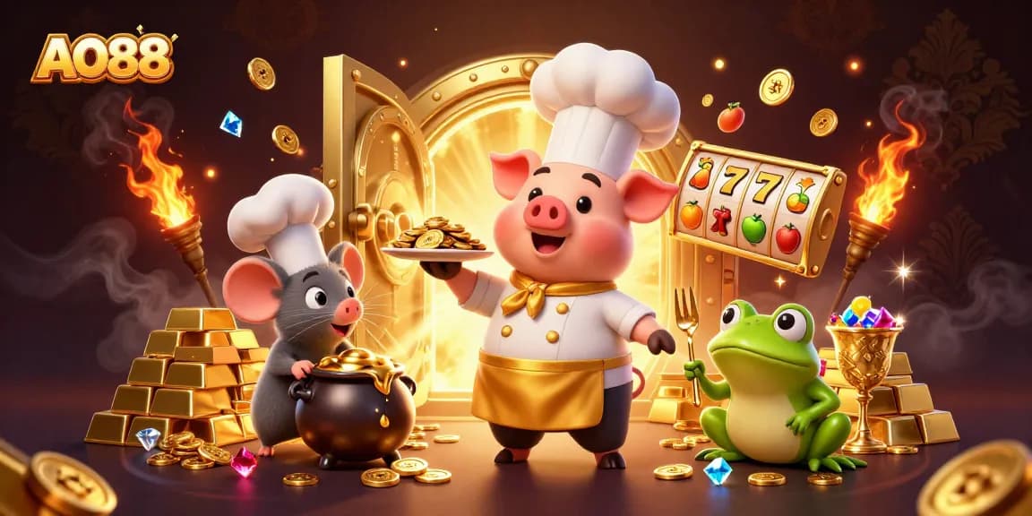 Join the excitement at AO88 with a vibrant 3D scene of gambling treasures and fun!