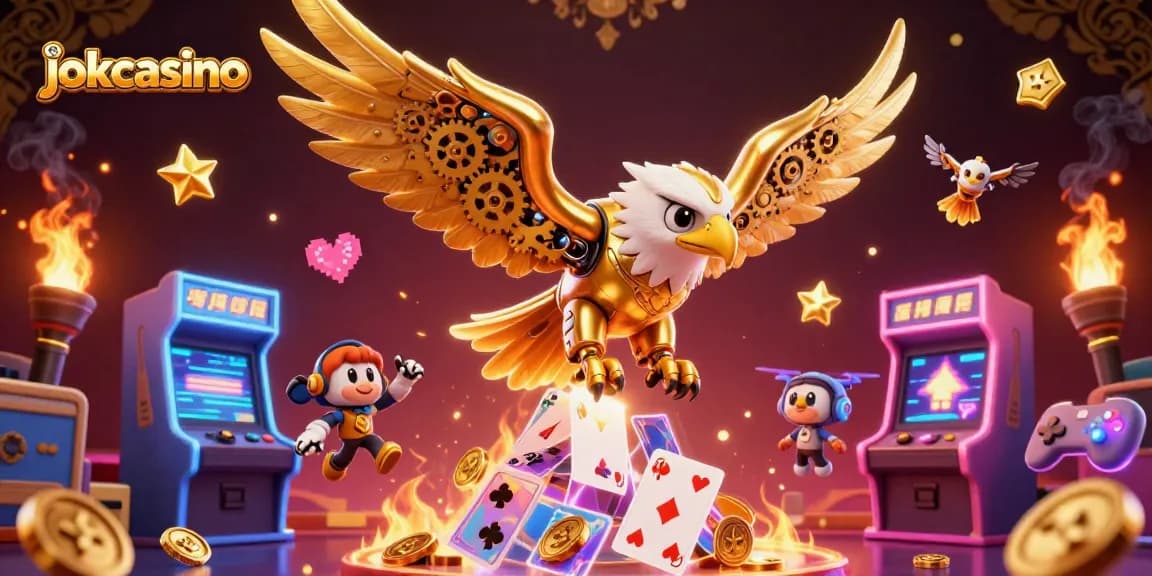 Experience thrilling gameplay at jokacasino with vibrant holographic playing cards and a cybernetic eagle.