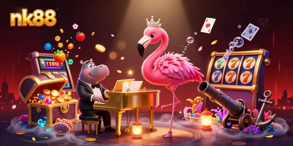 Experience the vibrant energy of nk88 with a dynamic casino scene full of engaging characters and gambling elements.