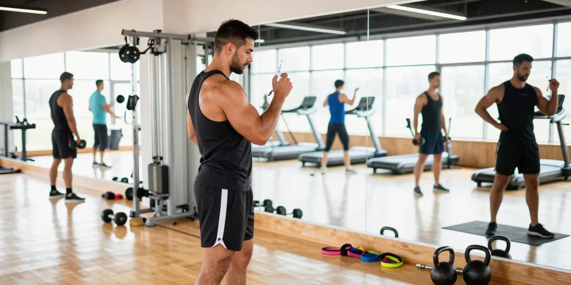 Anabolika Shop scene with a bodybuilder preparing for a workout while examining injectable steroids in a modern gym setting.