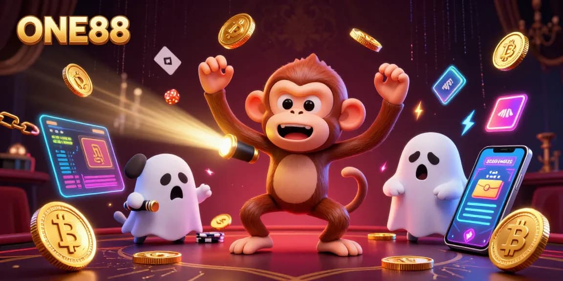 Experience thrilling gaming with ONE88 in a vibrant haunted casino scene featuring a playful poltergeist monkey and a curious puppy.