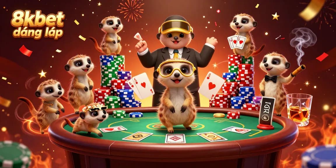 Experience dynamic gameplay with 8xbet đăng nhập at lively meerkat casino scene showcasing vibrant poker action.