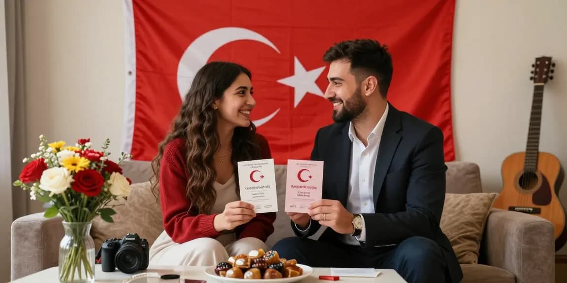 Couple joyfully celebrating Turkish Citizenship by Marriage in a cozy home setting.