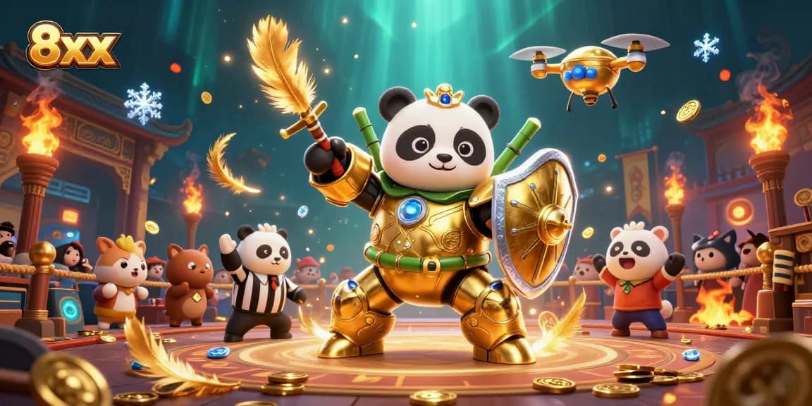 Bet on exciting 8xx matches as golden panda pilots a captivating bamboo robot in vibrant arena atmosphere.