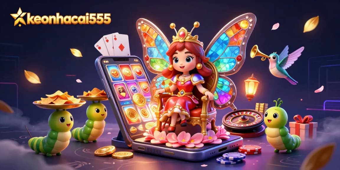 Join the 3D butterfly queen at keonhacai555 amidst vibrant casino elements and fun!