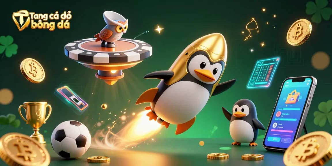 Experience Trang cá độ bóng đá with a golden penguin racing to a casino, surrounded by sports elements and crypto coins.