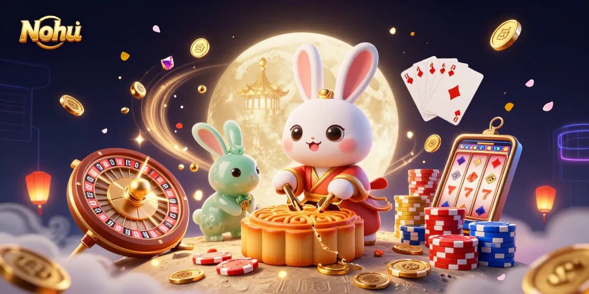 Nohu Casino scene with a moon rabbit pounding mooncakes revealing poker chips, surrounded by vibrant casino elements.