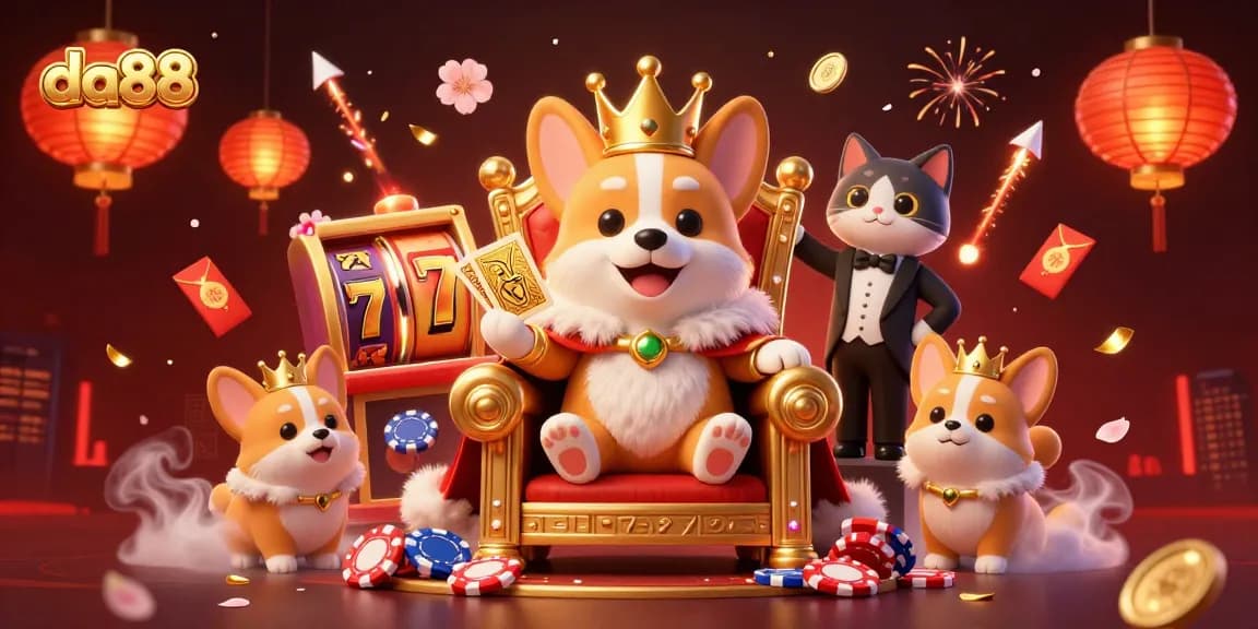 Experience the excitement of da88 with a vibrant casino-themed illustration featuring royal corgis and dynamic gaming elements.