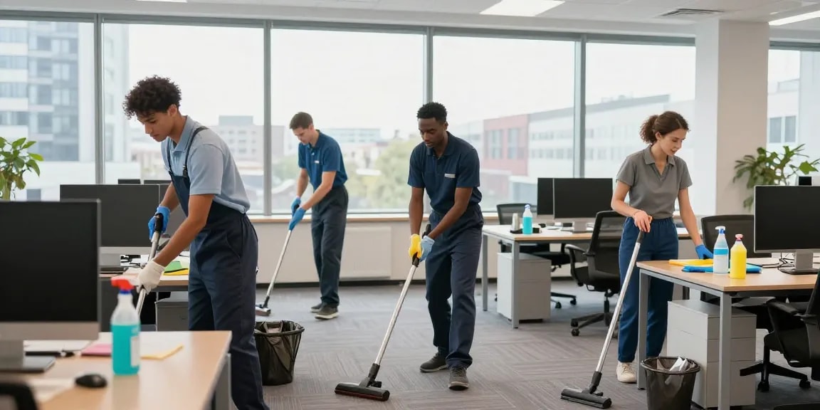 Professionelle Gebäudereinigung Düsseldorf mit Reinigungsteam, das ein Büro gründlich reinigt.
