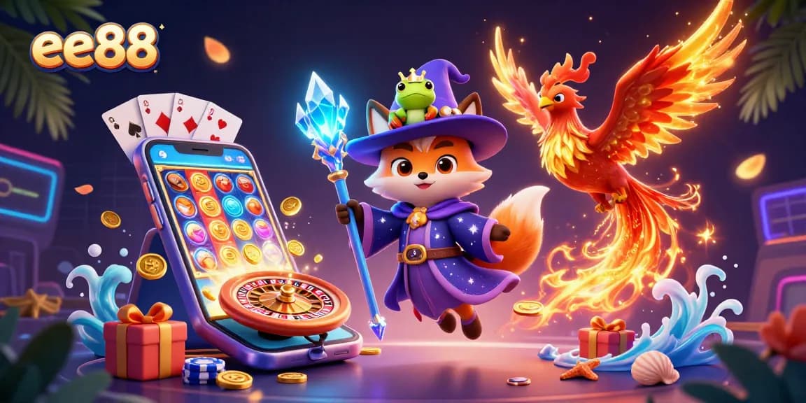 Spin the reels and win with ee88's vibrant casino-themed 3D illustration showcasing slots and characters.