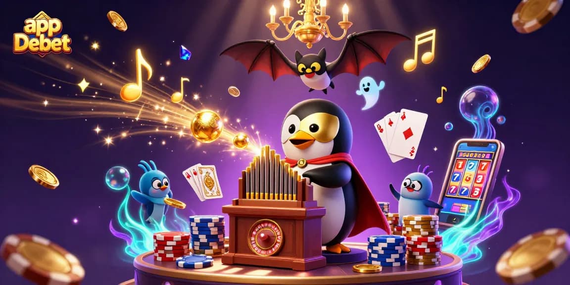 Play slots and win big with app Debet, showcasing a vibrant casino scene featuring fun characters and classic gaming elements.