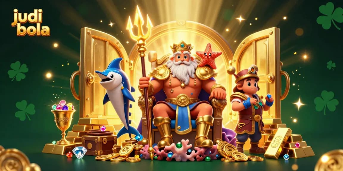 Bet on judi bola with a 3D illustration of Neptune surrounded by treasure and sports betting elements.