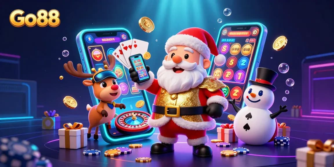 Experience thrilling wins at Go88 with Santa, reindeer dealer, and poker chip snowman as they celebrate in a vibrant 3D casino!