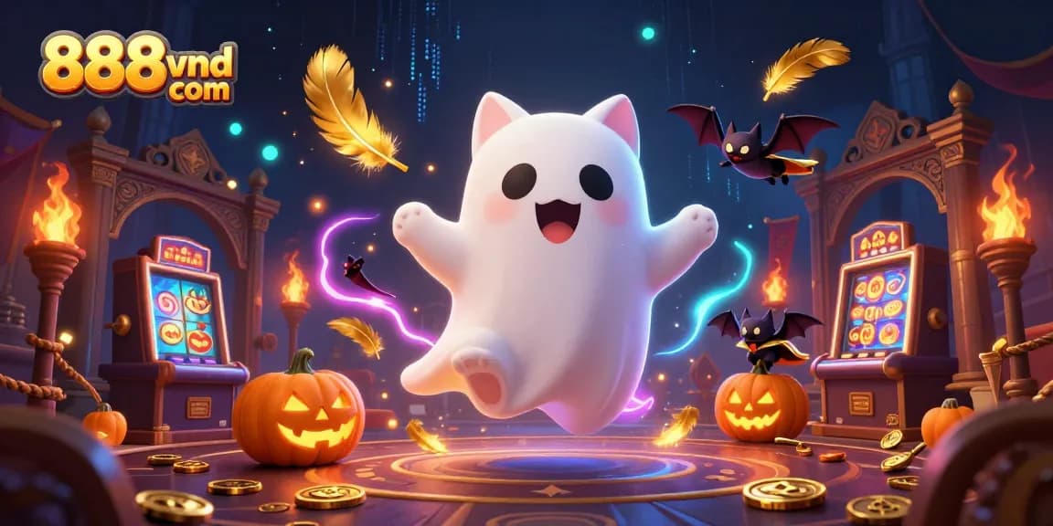 Engage in exciting gaming adventures at 888vnd com, featuring a ghost cat and vibrant casino elements.