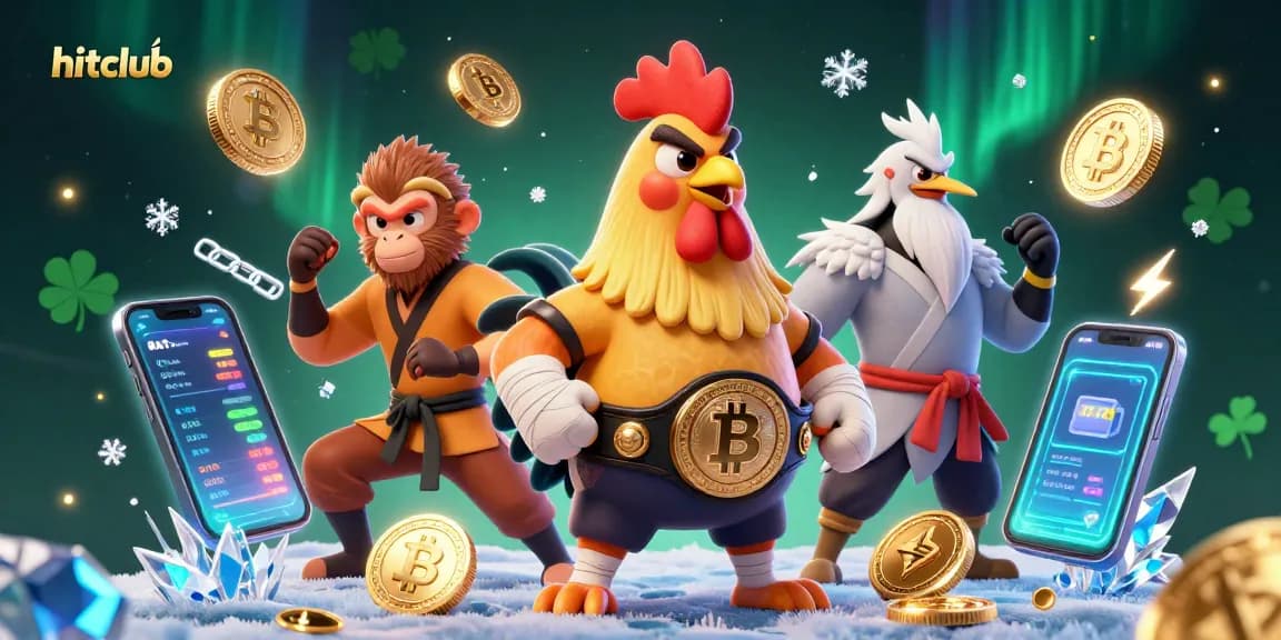 Experience hitclub with a dynamic scene of a martial arts rooster and monkey amidst crypto elements.