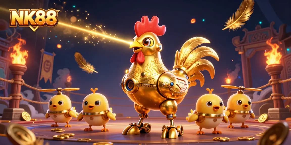 Experience NK88's thrilling gameplay with the golden rooster robot and vibrant 3D casino elements.