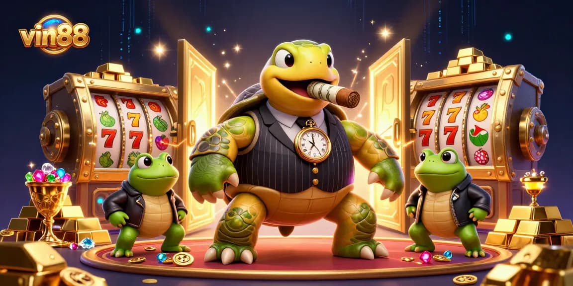 Join the fun at vin88 with a vibrant casino scene featuring unique characters and exciting slot game elements.