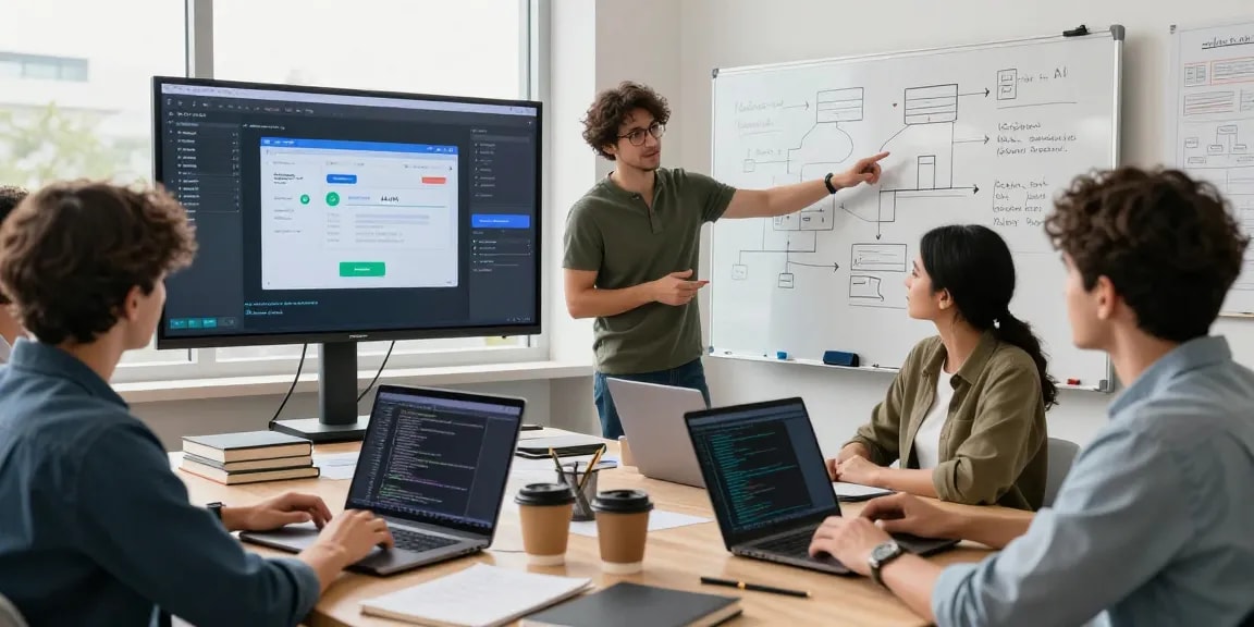 Build internal tools with AI in a collaborative workspace where professionals develop innovative solutions, fostering creativity.