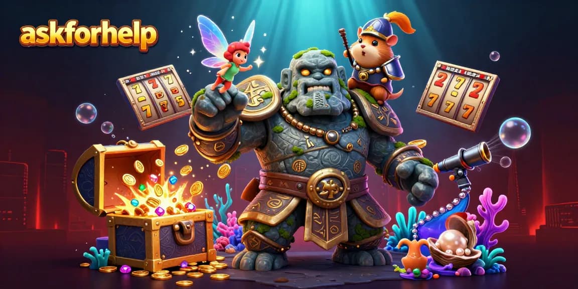 Engage with askforhelp's vibrant casino scene featuring a golem and hamster knight surrounded by slot reels.