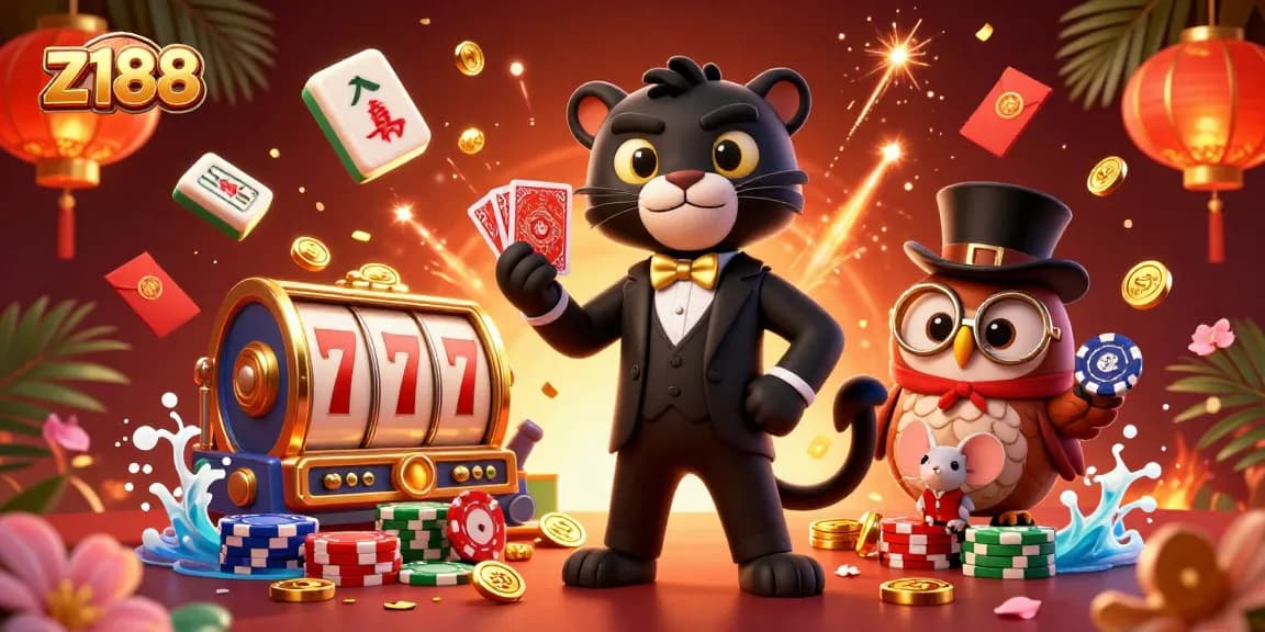 Experience thrilling gaming excitement with z188 as the stylish panther deals cards amidst vibrant slot machines and festive decorations.