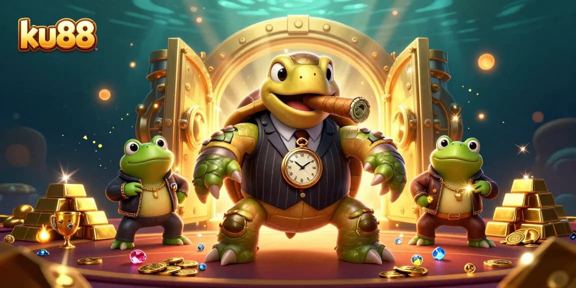 Experience thrilling action with ku88 featuring a mobster turtle and bullfrogs in a vibrant casino scene.