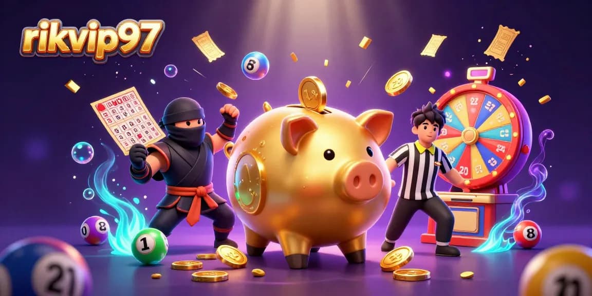 Experience thrilling actions at rikvip97, featuring a piggy bank sumo wrestler in a vibrant casino illustration.