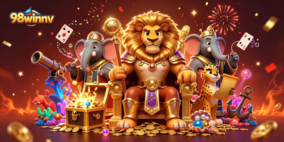 Experience thrilling gameplay at 98winnv with a vibrant 3D illustration featuring a gaming king and his advisors.