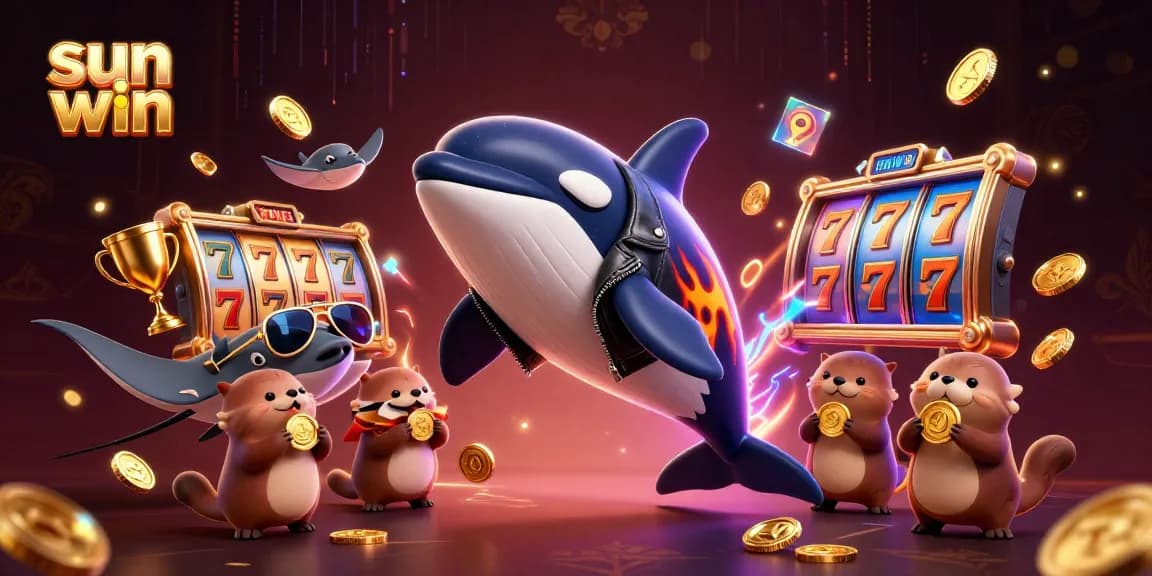 Experience thrilling jackpot action with sun win's dynamic casino scene featuring a playful orca and sea otters.