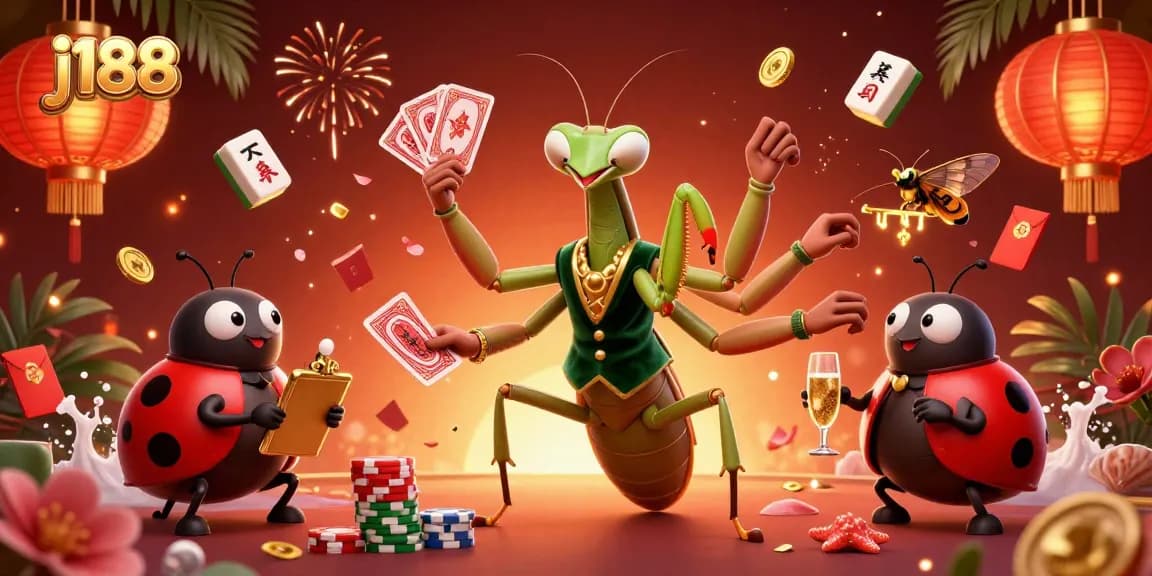 Engage with j188's vibrant casino scene featuring a mantis card sharp and a ladybug pit boss.