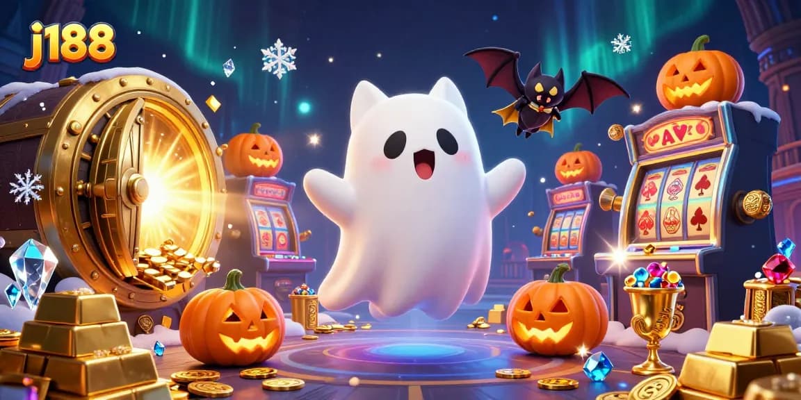 Engage with j188 in a vibrant haunted casino scene filled with gems and glowing characters.