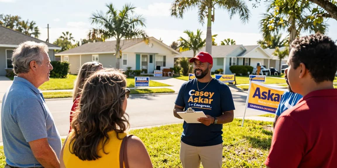 Engaged voters discussing Casey Askar's campaign in Florida's vibrant neighborhood.