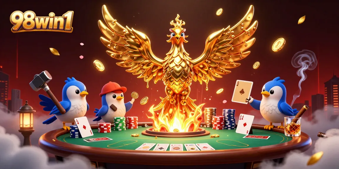 Experience thrilling gameplay with 98win1, showcasing a phoenix and poker action in a vibrant casino.