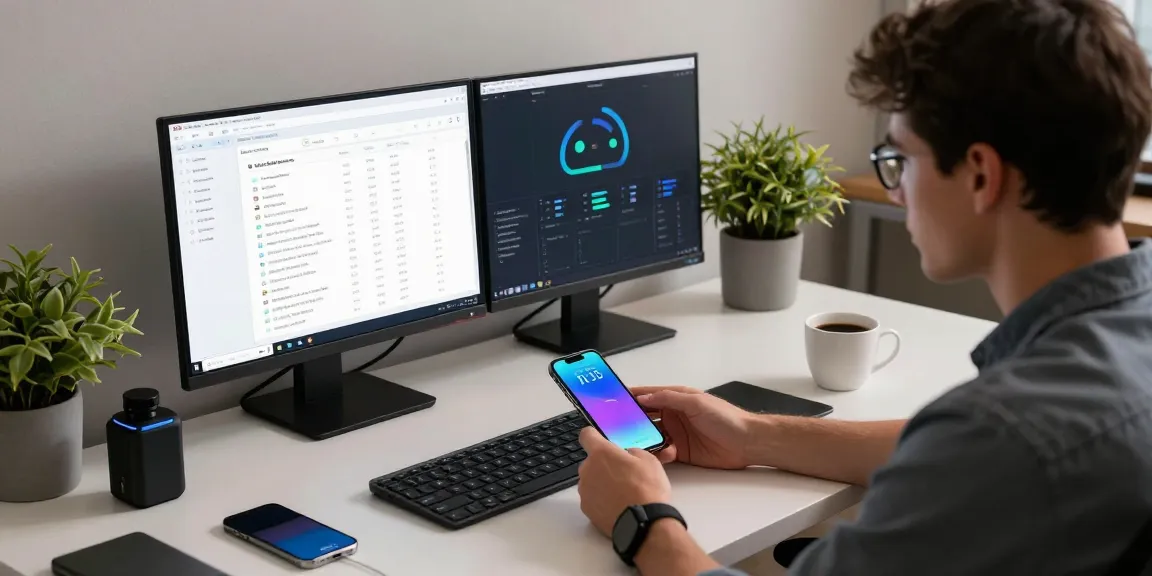 使用爱思下载管理苹果设备的专业工作环境，年轻专业人士连接iPhone与电脑，现代办公桌旁的双屏显示器展示数据管理软件。