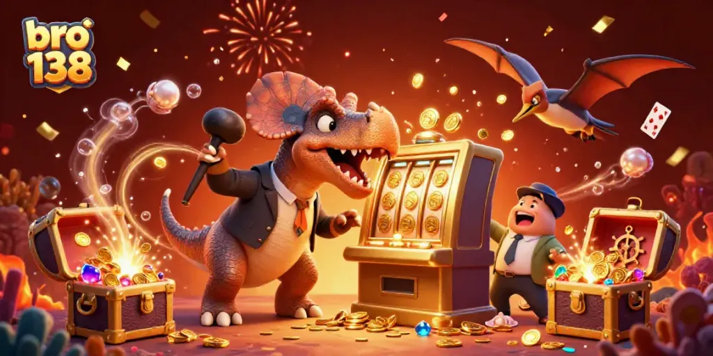 bro 138 celebrates a big jackpot win in this dynamic 3D illustration with dinosaurs.